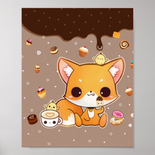 Cute chibi fox with kawaii icecream poster