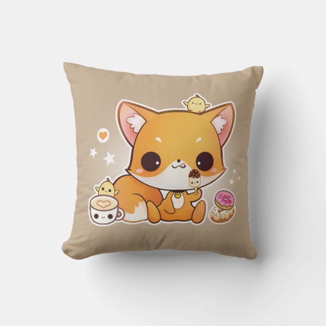 Cute chibi fox with kawaii icecream throw pillow (Front)