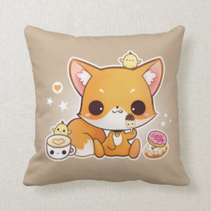 Cute chibi fox with kawaii icecream throw pillow