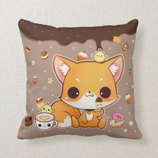 Cute chibi fox with kawaii icecream throw pillow
