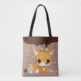 Cute chibi fox with kawaii icecream tote bag