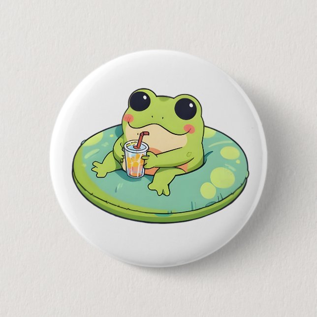 Cute Chibi Frog Summer Pool Day Lemonade Design 2 Inch Round Button (Front)