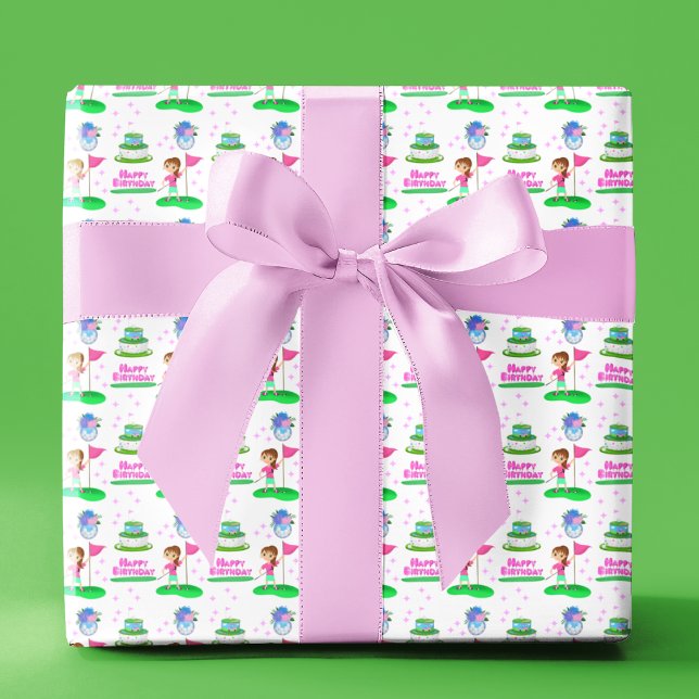 Cute Chibi Girl Birthday Golfing Themed Birthday  Wrapping Paper (Creator Uploaded)