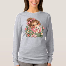 Cute Chibi Girl Embroidery Style Floral Cozy Autum