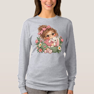 Cute Chibi Girl Embroidery Style Floral Cozy Autum T-Shirt