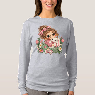 Cute Chibi Girl Embroidery Style Floral Cozy Autum T-Shirt