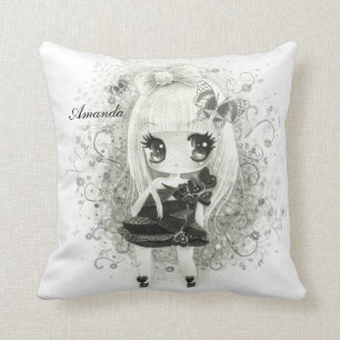 Cute chibi girl in black & white - Personalized Throw Pillow