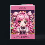 Cute Chibi Girl pink hair Birthday Card<br><div class="desc">Editable birthday card featuring a cute Chibi girl with pink hair and a fairground background. Fun card for any occasion,  just change the text or leave blank if you prefer to write your own message.</div>