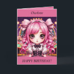 Cute Chibi Girl pink hair Birthday Card<br><div class="desc">Editable birthday card featuring a cute Chibi girl with pink hair and a fairground background. Fun card for any occasion,  just change the text or leave blank if you prefer to write your own message.</div>