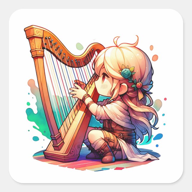 Cute Chibi Girl Playing Harp Square Sticker (Front)
