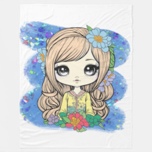 Cute Chibi Girl With Blue Watercolor & Glitter Fleece Blanket