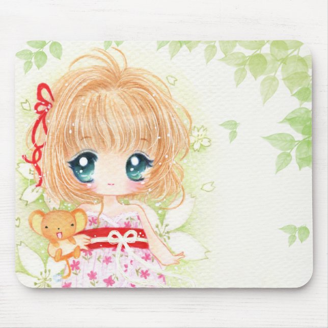Cute chibi girl with kawaii plushie mouse pad (Front)