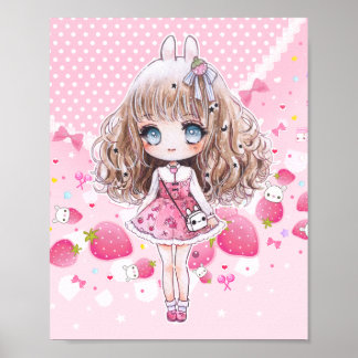 Cute chibi girl with kawaii strawberries poster