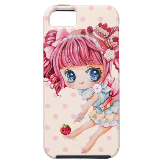 cute chibi girl with pink hair and strawberry casemate iphone case