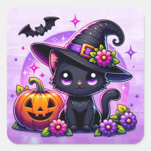 Cute Chibi Halloween Black Cat and Pumpkin Square Sticker