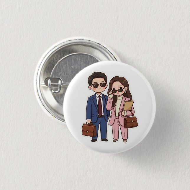 Cute Chibi K-Drama Lawyer Couple Button Pin (Front & Back)
