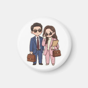 Cute Chibi K-Drama Lawyer Couple Round Fridge Magn Magnet