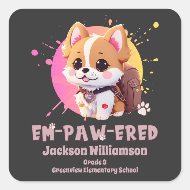 Cute Chibi Kawaii Corgi Name School Year on Back Square Sticker (Front)