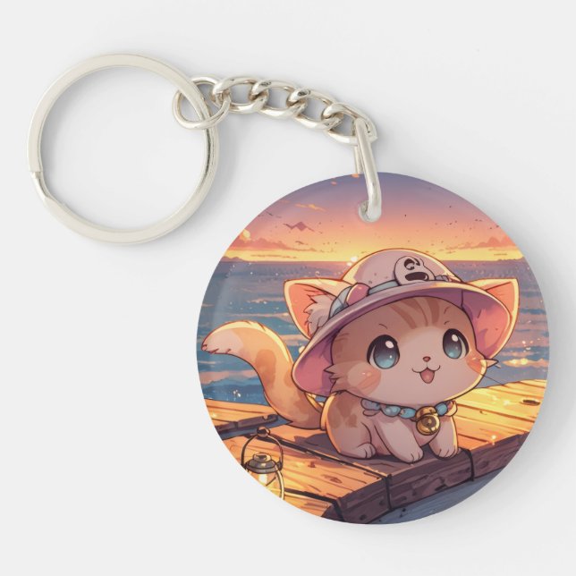 Cute Chibi Kitten at the Harbor Sunset – Whimsical Keychain (Front)