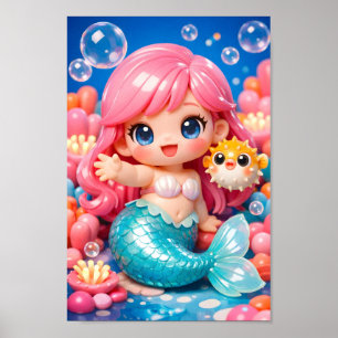 Cute Chibi Mermaid with Pufferfish Friend sea Poster