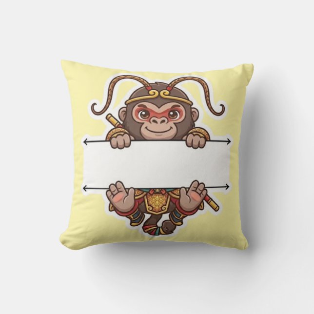 Cute Chibi Monkey King Split Name Frame Throw Pillow (Front)