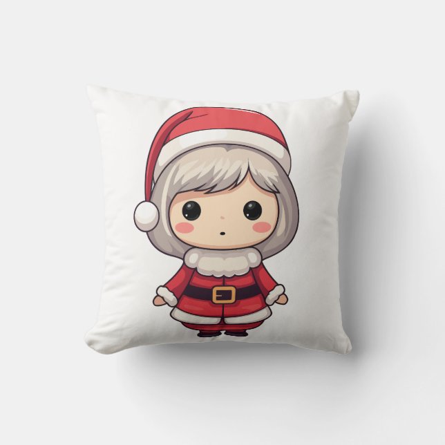 Cute Chibi Mrs. Claus Character Throw Pillow (Front)