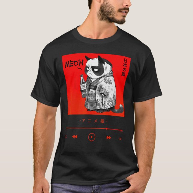 Cute Chibi Neko in Elegant Japanese Kimono Robe T-Shirt (Front)