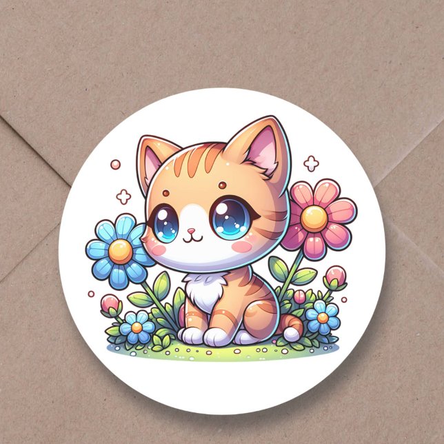 Cute Chibi Orange Kitty Cat in Pink Flowers Classic Round Sticker (Creator Uploaded)