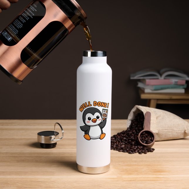 Cute Chibi Penguin 'Delicioso' Pose Sticker  Water Bottle (Coffee (Rotated))