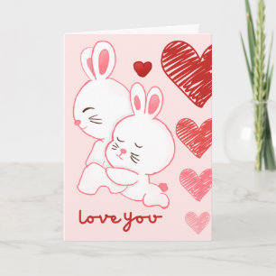 Cute Chibi Rabbit Couple Scribble Heart Valentines Card