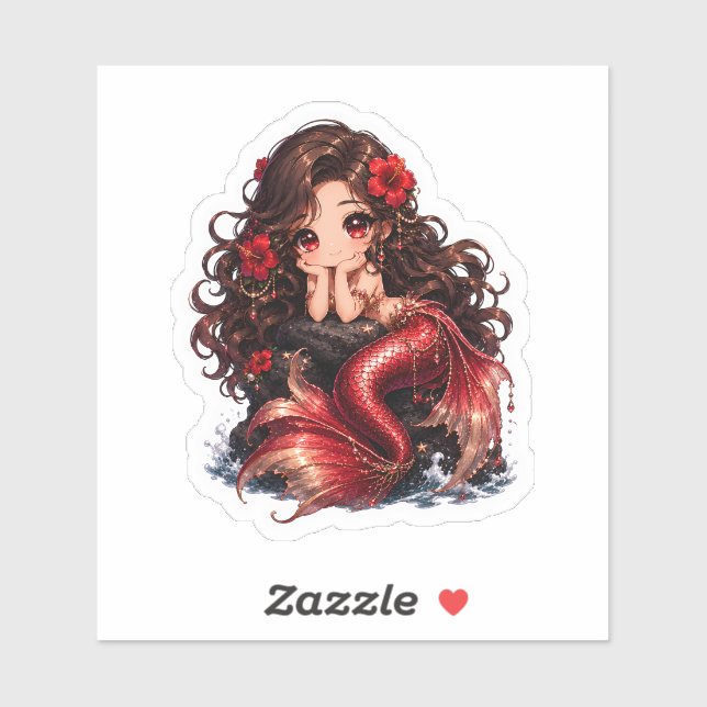 Cute Chibi Red Mermaid with Hibiscus Flowers (Sheet)
