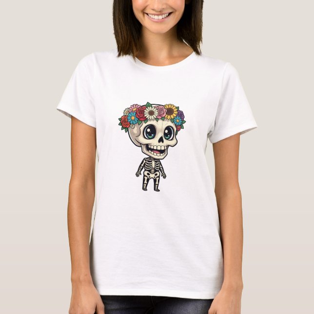 Cute Chibi Skeleton Character Wearing Colorful T-Shirt (Front)