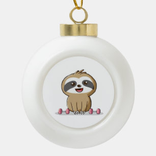 Cute Chibi Sloth Workout � Funny Kawaii Gym Animal Ceramic Ball Christmas Ornament