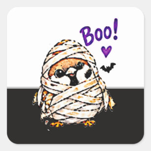 Cute Chibi Sparrow Bird Halloween Mummy Fun Square Sticker