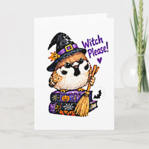 Cute Chibi Sparrow Bird Halloween Witch Please Card