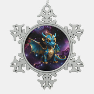 Cute Chibi style blue dragon Snowflake Pewter Christmas Ornament