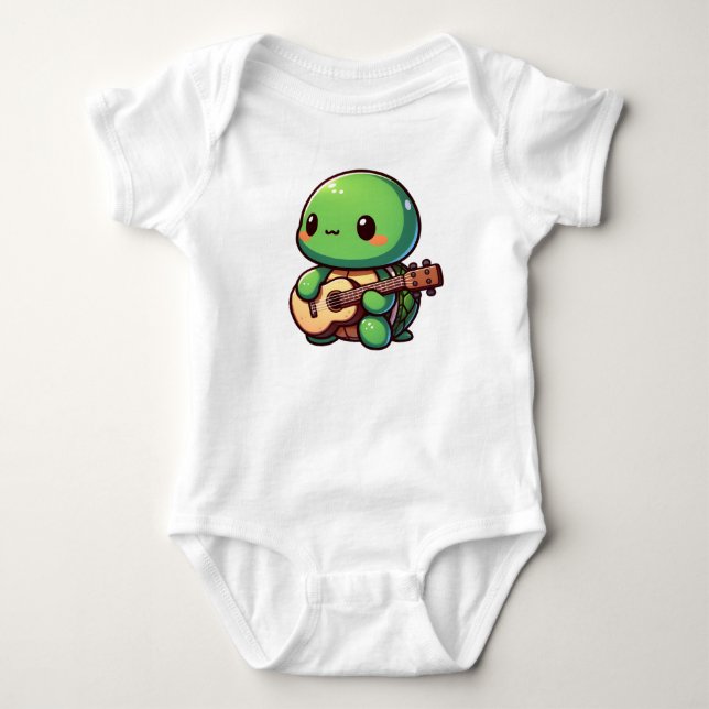 Cute Chibi Turtle Playing Guitar Baby Bodysuit (Front)