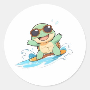 Cute Chibi Turtle Surfer Summer Beach Design Classic Round Sticker