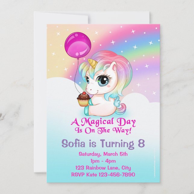 Cute Chibi Unicorn Birthday Party Invitations (Front)
