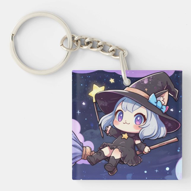 Cute Chibi Witch Flying in the Night Sky Keychain (Front)