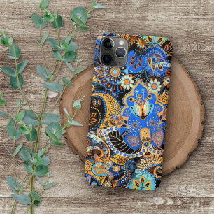 Cute Chic Blue Orange Retro Paisley Floral Pattern iPhone 13 Pro Max Case