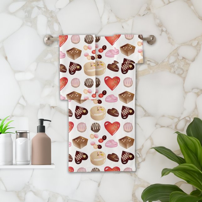 Cute Chic Colourful Chocolate Candy Heart Pattern Bath Towel Set (Creator Uploaded)