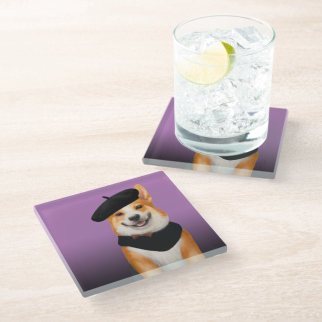 Cute Chic Corgi Dog Wearing Beret & Bandana Glass Coaster (Angled)