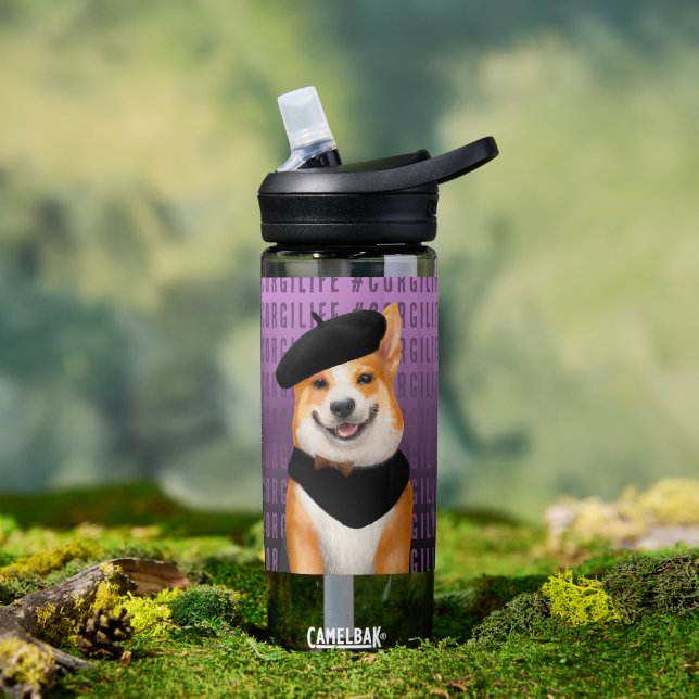 Cute Chic Corgi Dog Wearing Beret & Bandana Water Bottle (Outdoor)