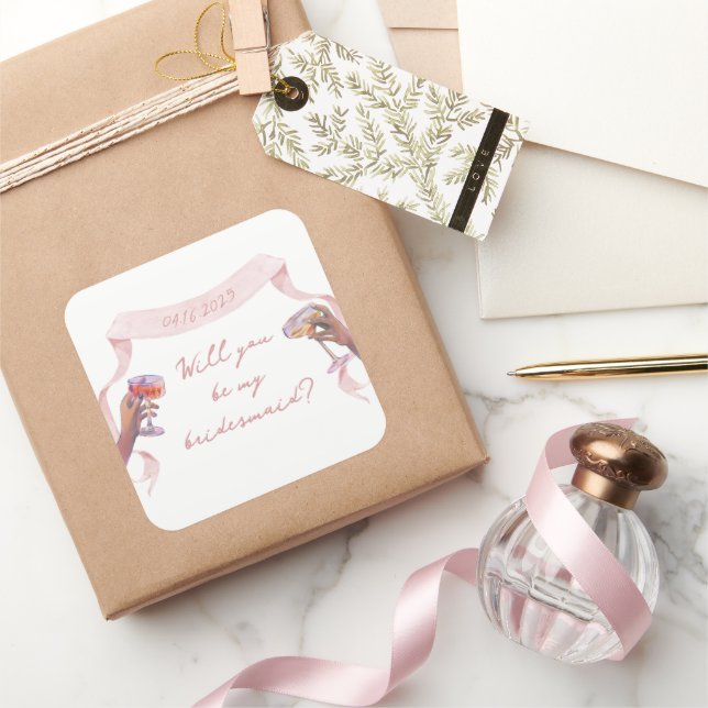 Cute Chic Custom Bridesmaid Proposal Pink Ribbon  Square Sticker (Gifting)