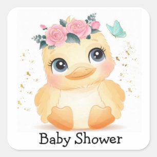 Cute Chic Duckling Pink Rose Gold Baby Shower Square Sticker