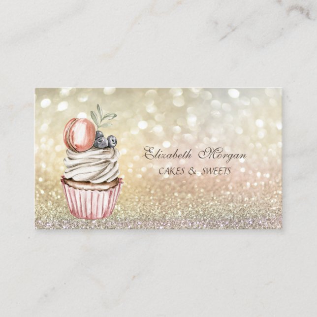 Cute Chic Elegant Bokeh Macaroon Cupcake  Business Card (Front)