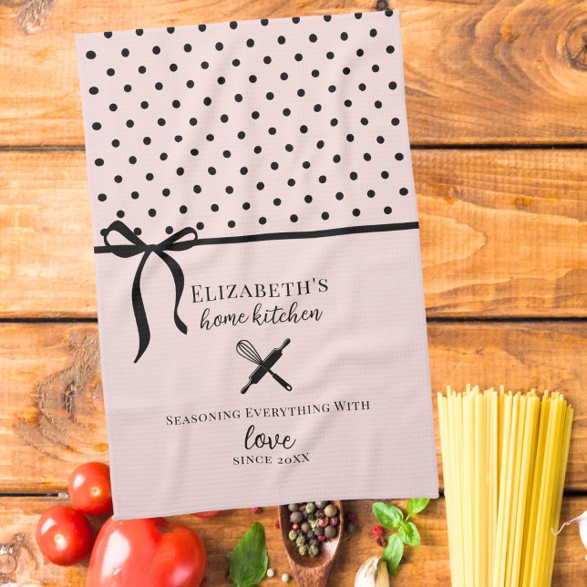 Cute Chic Girly Blush Pink and Black Polka Dot Kitchen Towel (Creator Uploaded)