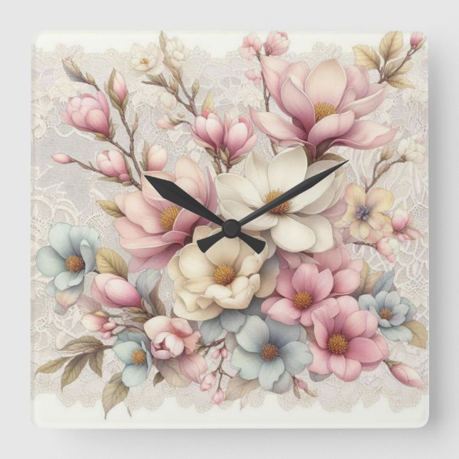 Cute chic girly floral and lace square wall clock (Front)