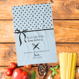 Cute Chic Girly Light Blue and Black Polka Dot Kitchen Towel